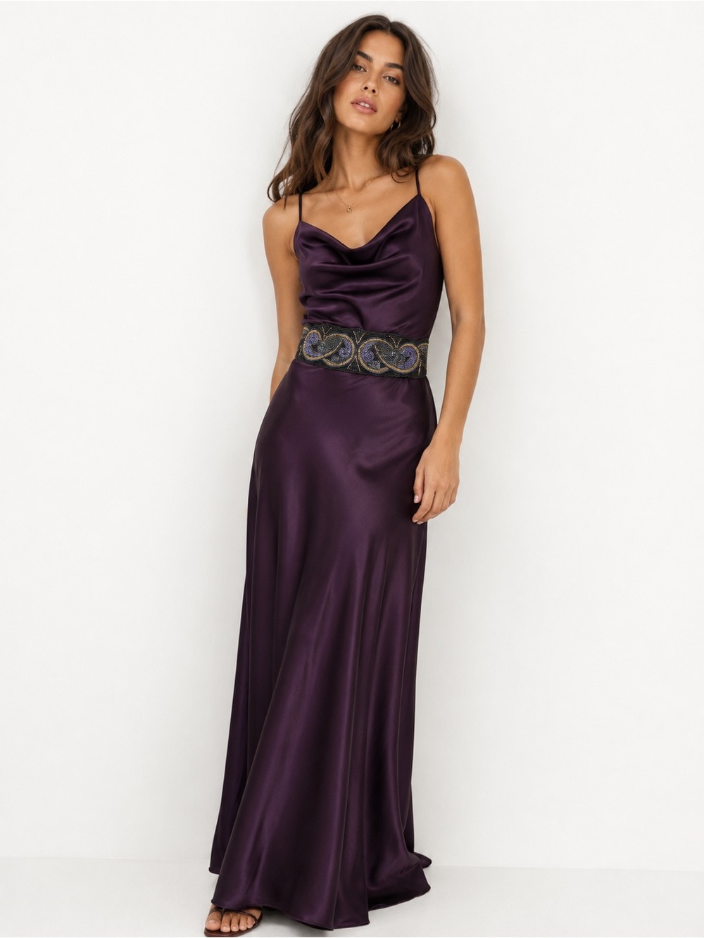 Beaded Black, Purple and Gold Satin Evening Belt